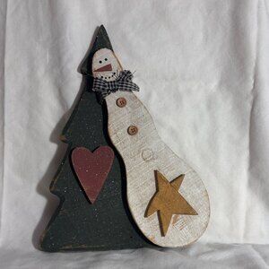 Vintage Rustic Primitive Handmade Snowman with Tree
